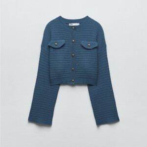 Zara Cropped Knit Cardigan in Teal Blue